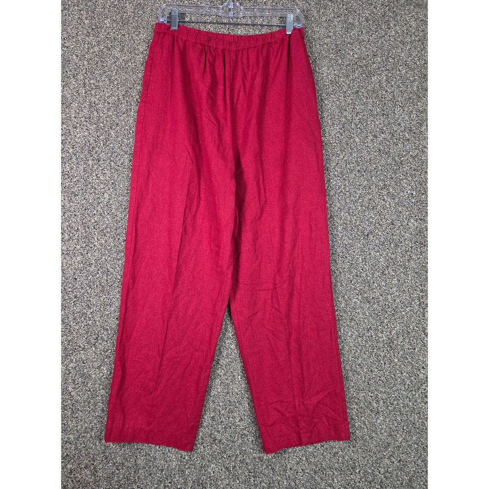 Susan Graver Style Pants Womens‎ M Red Linen Blend Wide Leg Elastic Waist 00609